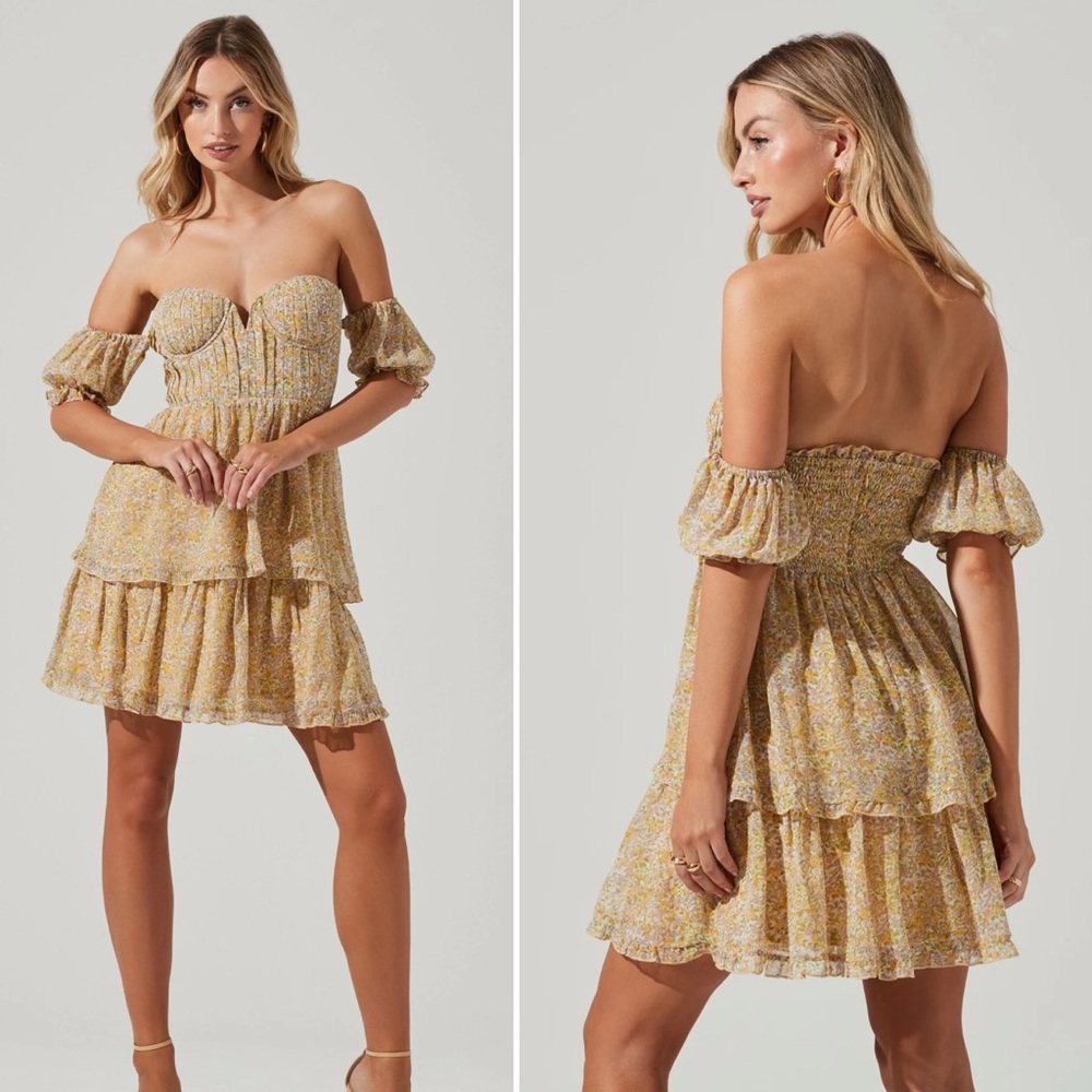 Astr The Label Off Shoulder Two Tier Floral Mini Dress